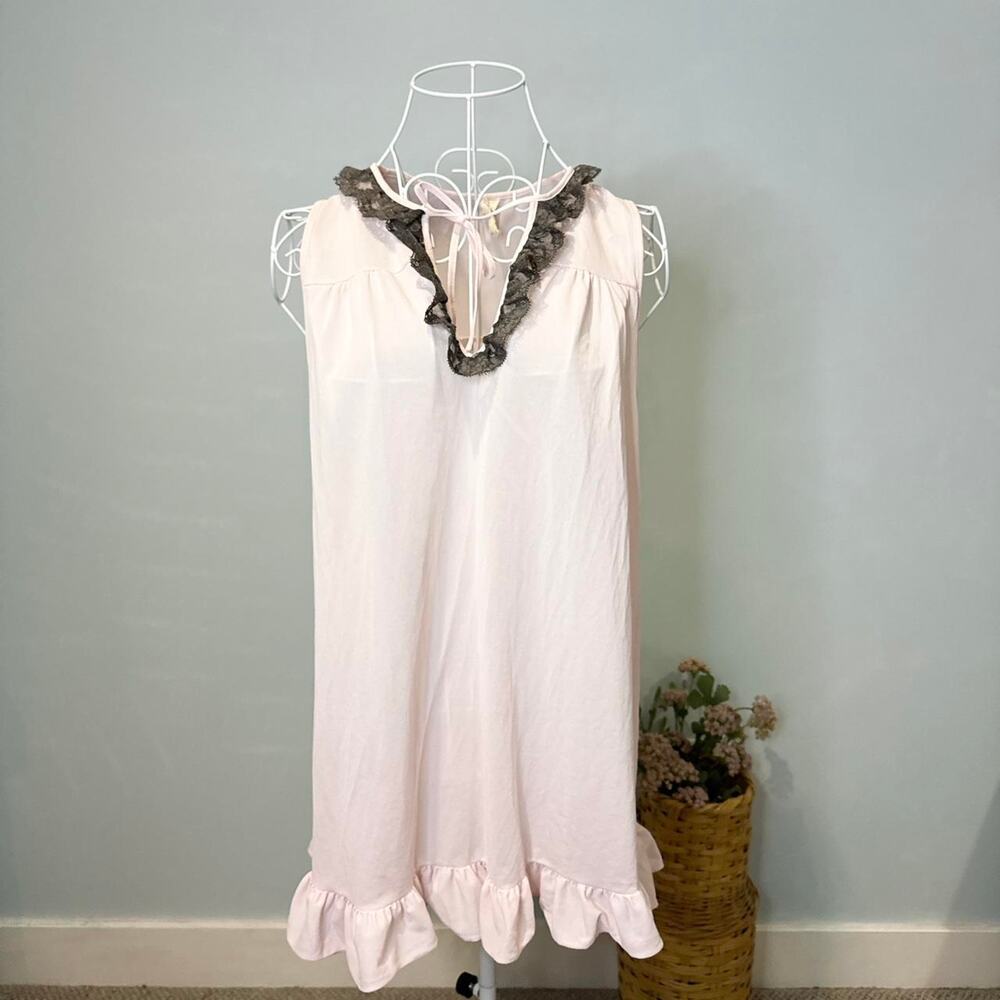 antique vintage baby pink and brown lace chemise babydoll slip top/ mini dress